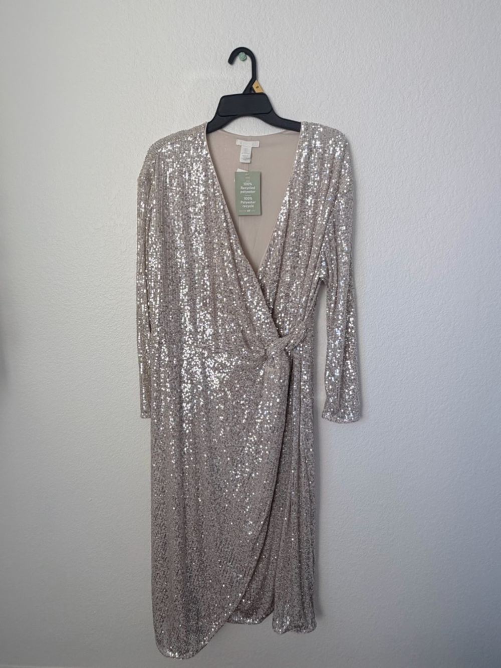 H&M Champagne Sequin Wrap Midi Dress with Long Sleeves